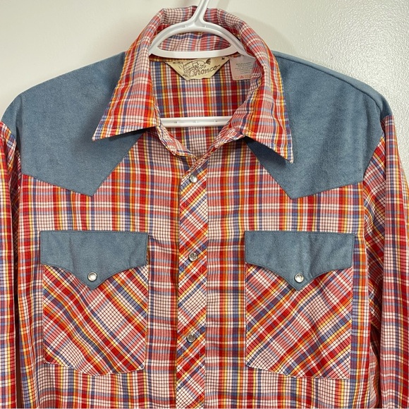 Vintage Bronco Western Shirt Mens Medium Madras Plaid Pearl Snap Cowboy Rodeo - Picture 4 of 11
